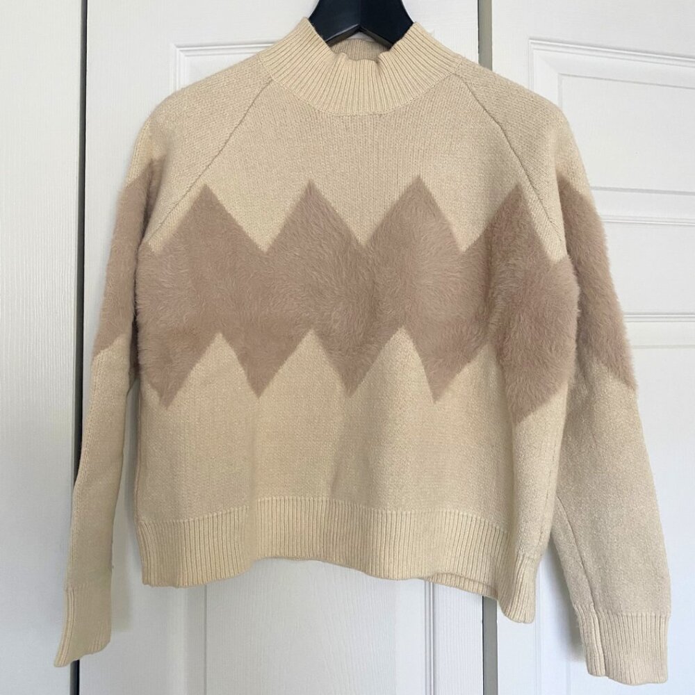 Paper Crane Cream Mock Neck Sweater with Pink Eyelash Yarn Chevron